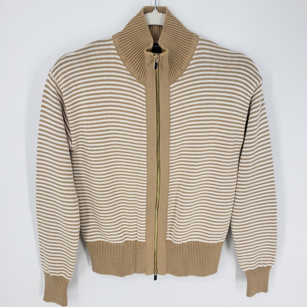 Worth Striped Full Zip Up Cardigan Sweater Womens XP Tan White Cotton Sweater